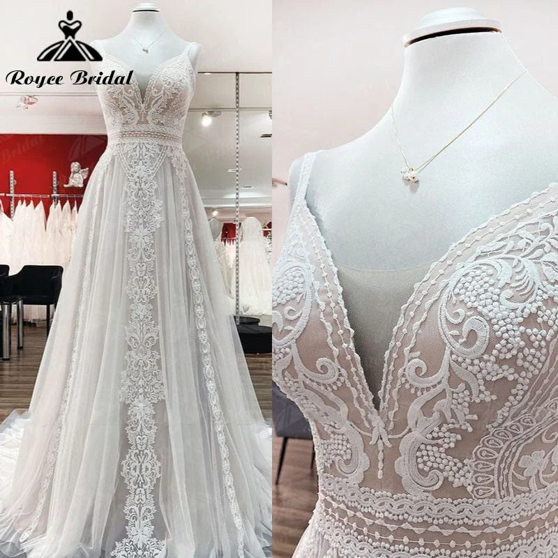 A Line Boho Blush Color Wedding Dress Spaghetti Straps Lace Tulle V Neck Sleeveless Open Back A Line Boho Blush Color Wedding Dress Spaghetti Straps Lace Tulle V Neck Sleeveless Open Back