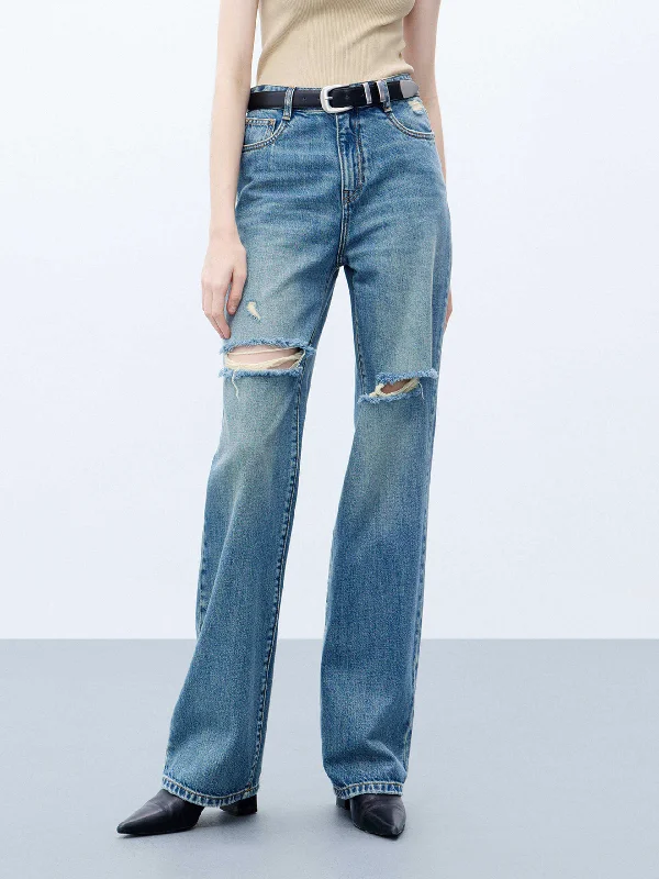 Wash and Wear Men's JeansCotton Straight Destroyed Jeans