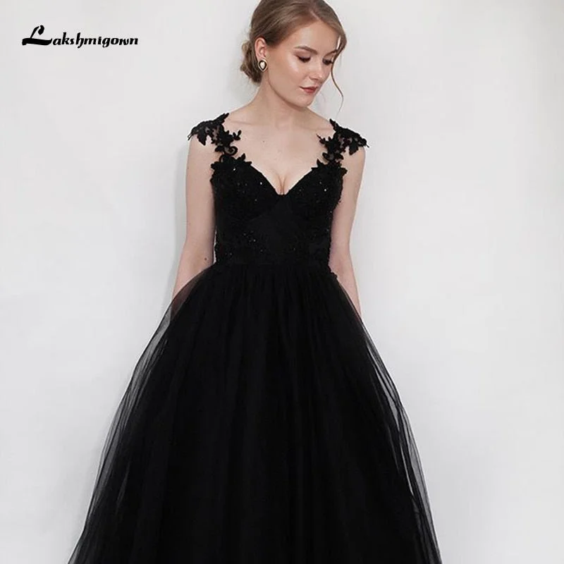 Roycebridal Lakshmigown Black Lace Gothic Wedding Dresses V Neck Appliques Beading Top Fancy Tulle Skirt A Line Vintage Bridal Gowns Roycebridal Lakshmigown Black Lace Gothic Wedding Dresses V Neck Appliques Beading Top Fancy Tulle Skirt A Line Vintage Bridal Gowns