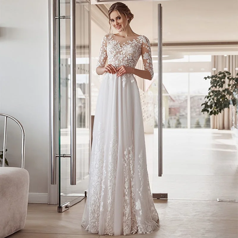 Roycebridal Half Sleeve Floor Length A-Line Wedding Dress 2021 Lace Appliques O-Neck Vintage Civil Bridal Gown With Button Back Tulle Roycebridal Half Sleeve Floor Length A-Line Wedding Dress 2021 Lace Appliques O-Neck Vintage Civil Bridal Gown With Button Back Tulle
