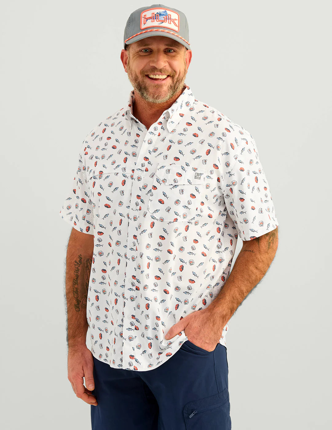 Men's Hawaiian Print Shirts for Luau PartiesHuk Tide Point Printed Short Sleeve Sport Shirt - White Men's Hawaiian Print Shirts for Luau PartiesHuk Tide Point Printed Short Sleeve Sport Shirt - White