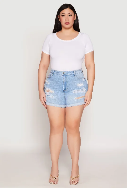 Wash and Wear Men's JeansPlus Size WAX Distressed Denim Mom Shorts