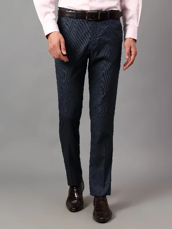 Stylish Men's Cargo PantsMen's Navy Blue Self Design Non-Pleated Formal Trouser