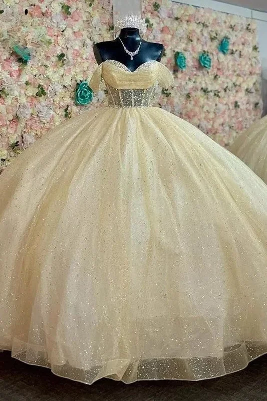 Yellow Off The Shoulder Sweetheart See-through Ball Gown