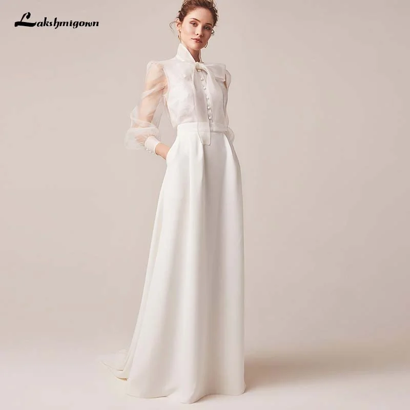 Vintage Ivory Bridal Wedding Gowns Satin Long Sleeves Illusion Jewel Neck Bridal Dresses Vintage Ivory Bridal Wedding Gowns Satin Long Sleeves Illusion Jewel Neck Bridal Dresses