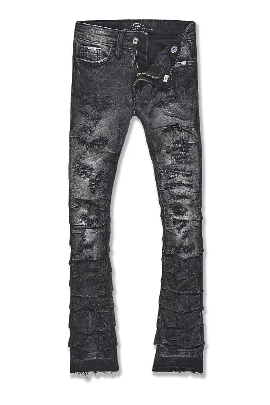 Elegant Men's JeansKids Stacked Ripple Effect Denim (Black Shadow)