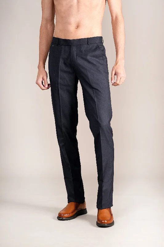 Men's Pants with Patch PocketsMen's Navy Self Design Non-Pleated Formal Trouser