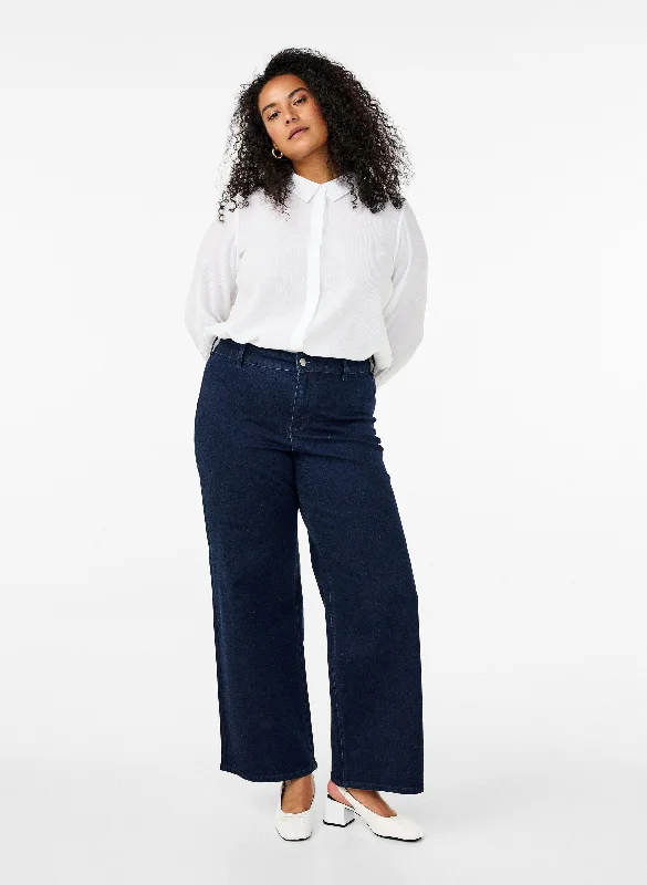 Leather Patch Embellished Men's JeansZizzi Selina Wide Leg Jean in Dark Blue Denim