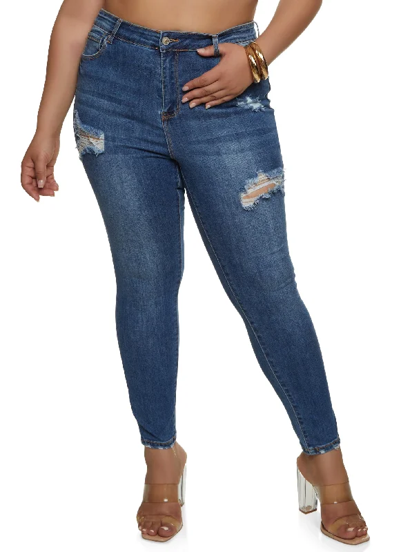Jeans for Men with a Athletic BuildPlus Size WAX Distressed High Rise Skinny Jeans