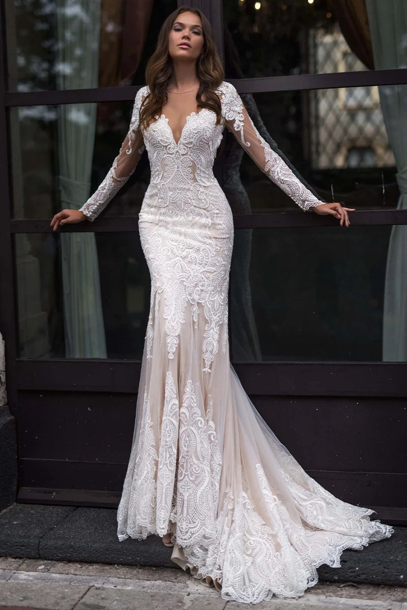 Roycebridal Long Sleeves Mermaid Wedding Dress Champagne Lace Appliques Boho Bridal Gown vestido para boda playa Roycebridal Long Sleeves Mermaid Wedding Dress Champagne Lace Appliques Boho Bridal Gown vestido para boda playa