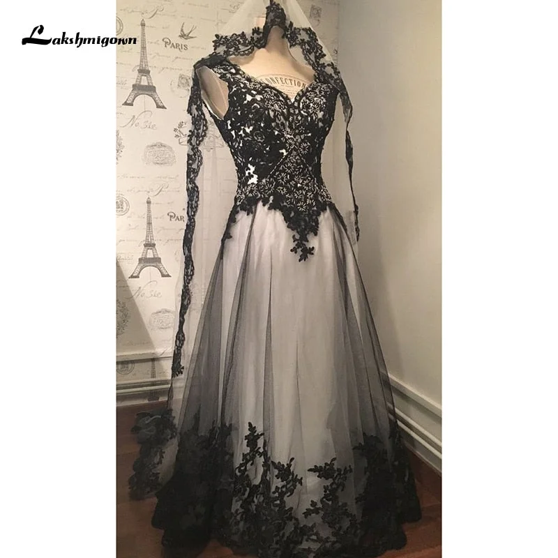 Roycebridal Lakshmigown Gothic Wedding Dress Lace Appliques vestido de noiva Black A Line Wedding Dresses V Neck Sleeveless Wedding Gowns Roycebridal Lakshmigown Gothic Wedding Dress Lace Appliques vestido de noiva Black A Line Wedding Dresses V Neck Sleeveless Wedding Gowns