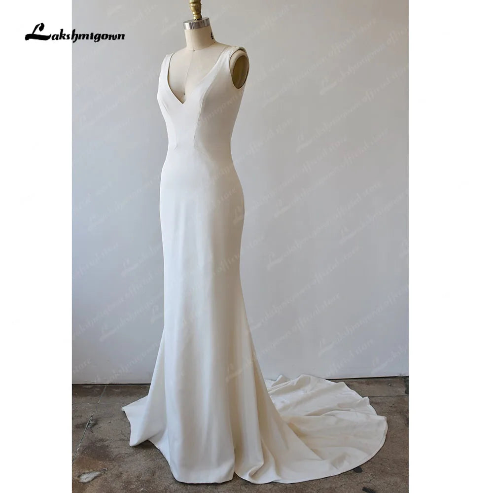 Roycebridal Sheath Crepe Wedding Dress Simple Custom Made Sleeveless Plunging V Neck Figure Hugging Buttons Backless Bridal Gown Roycebridal Sheath Crepe Wedding Dress Simple Custom Made Sleeveless Plunging V Neck Figure Hugging Buttons Backless Bridal Gown