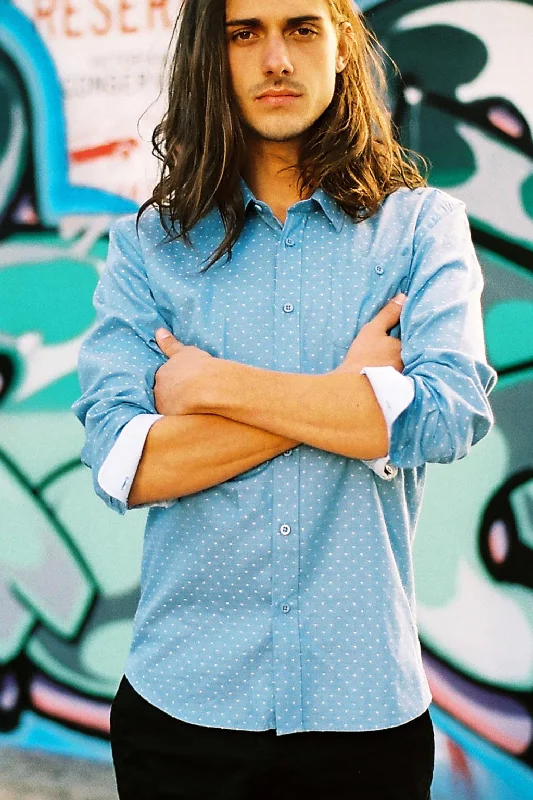 Men's Casual Friday Shirts for Relaxed Office DaysThe Slim Cut Shirt with Pocket in Blue with White Dots Men's Casual Friday Shirts for Relaxed Office DaysThe Slim Cut Shirt with Pocket in Blue with White Dots