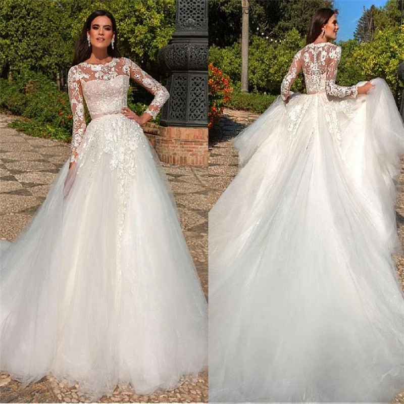 Roycebridal Long Sleeves A-Line Wedding Dresses Bridal Gowns Tulle With Ribbon Custom Made Spring Lace Appliques Top Roycebridal Long Sleeves A-Line Wedding Dresses Bridal Gowns Tulle With Ribbon Custom Made Spring Lace Appliques Top