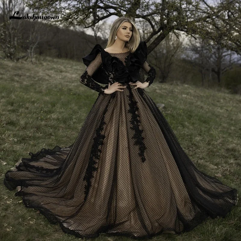 Roycebridal Lakshmigown Black A Line Wedding Dresses Robe Mariee Long Sleeves Court Train Tulle Gothic Bridal Gown vestido de novia Roycebridal Lakshmigown Black A Line Wedding Dresses Robe Mariee Long Sleeves Court Train Tulle Gothic Bridal Gown vestido de novia