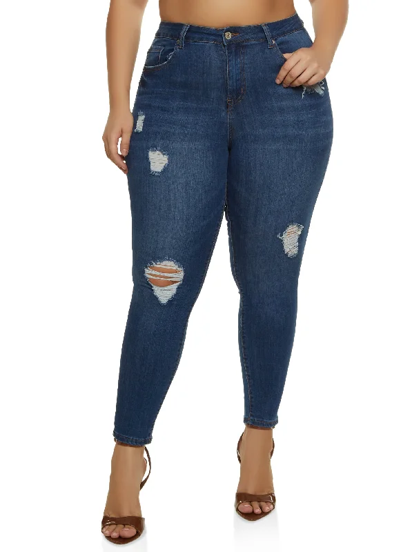 Men's Jeans with Functional PocketsPlus Size WAX Distressed Stretch Skinny Jeans