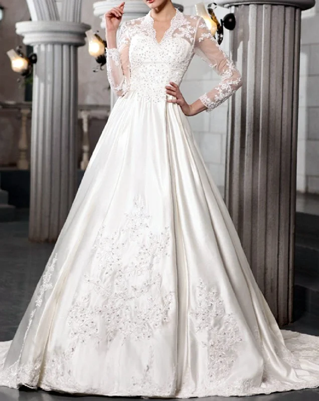 Women A-Line Appliques Wedding Dresses Long Beading Lace Bridal Gowns YWD190