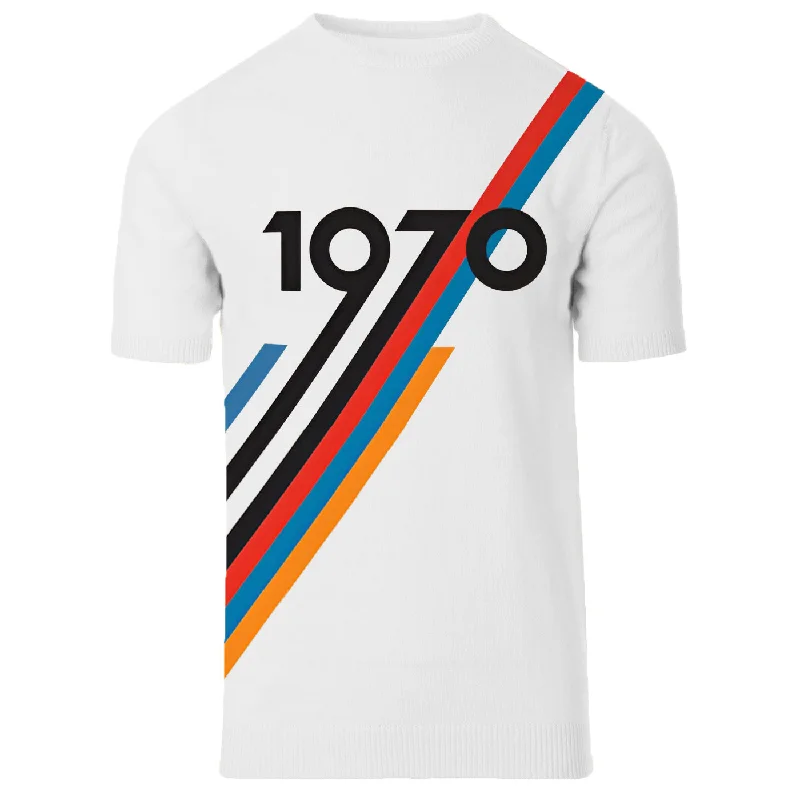 Breathable Men's Mesh TopsMen's White 1970 Round Neck Knitted Cotton T-Shirt
