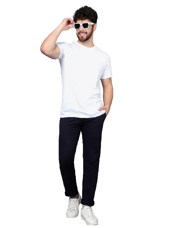 Men's Tailored Pants for a Sharp AppearanceMen's Solid Navy Blue Non-Pleated Full Length Causal Trouser