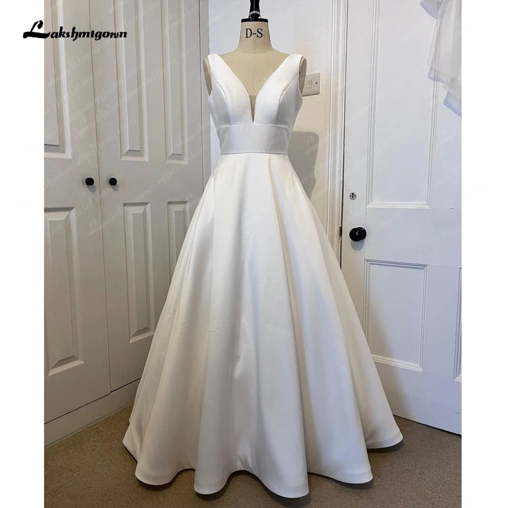 Roycebridal V Neck Women Satin Wedding Dress 2025 Hochzeit Plunging V Neck Vestidos Civil Bridal Gowns Open Back Roycebridal V Neck Women Satin Wedding Dress 2025 Hochzeit Plunging V Neck Vestidos Civil Bridal Gowns Open Back