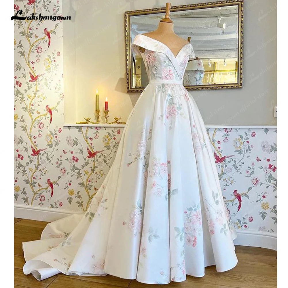 Roycebridal Print Flower A Line Satin Bohemian Wedding Dress Boat Neck 2025 Boho Bridal Gowns estido de noiva Roycebridal Print Flower A Line Satin Bohemian Wedding Dress Boat Neck 2025 Boho Bridal Gowns estido de noiva
