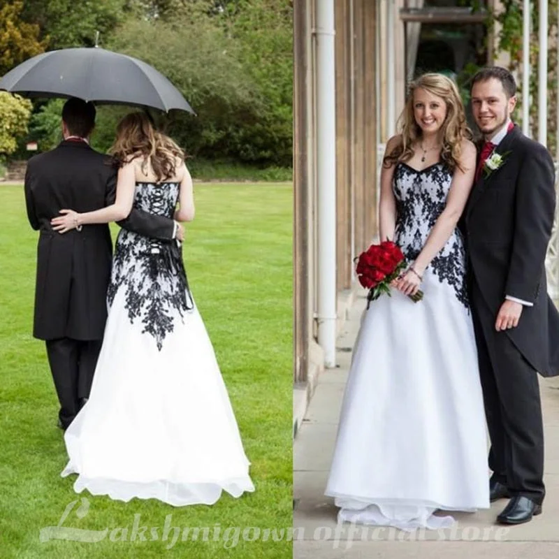 Roycebridal Gothic Wedding Dresses Vintage Cheap Bridal Gowns Black Lace and White Chiffon Garden Brides Dress Sweetheart Lace-up Roycebridal Gothic Wedding Dresses Vintage Cheap Bridal Gowns Black Lace and White Chiffon Garden Brides Dress Sweetheart Lace-up