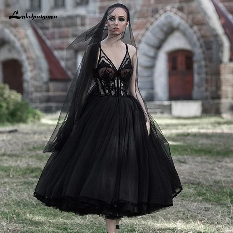 Roycebridal Lakshmigown Gothic Black Wedding Dresses Backless A-line Bridal Dress Tea Length Deep V-Neck Lace Roycebridal Lakshmigown Gothic Black Wedding Dresses Backless A-line Bridal Dress Tea Length Deep V-Neck Lace