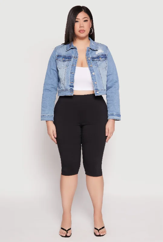 Men's Jeans with PocketsPlus Size WAX Distressed Cropped Jean Jacket