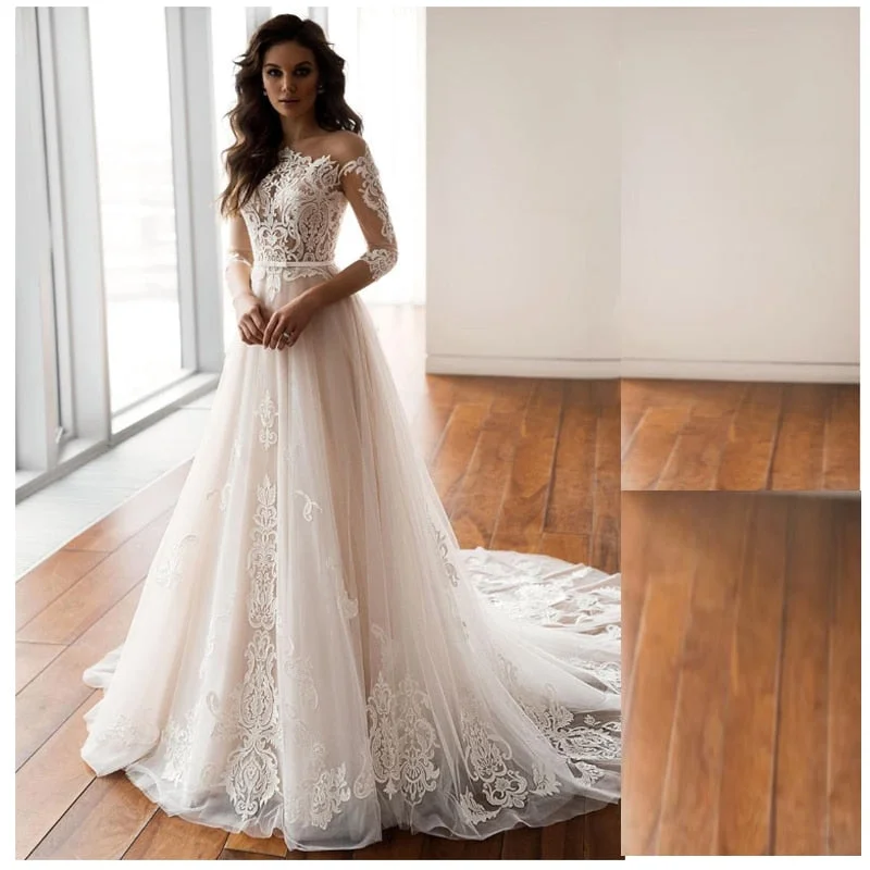 Elegant 3/4 Sleeve Wedding Dresses 2021 A-Line Lace Appliques Button Belt Sweep Train Tulle Bridal Gown Vestidos De Noiva Elegant 3/4 Sleeve Wedding Dresses 2021 A-Line Lace Appliques Button Belt Sweep Train Tulle Bridal Gown Vestidos De Noiva