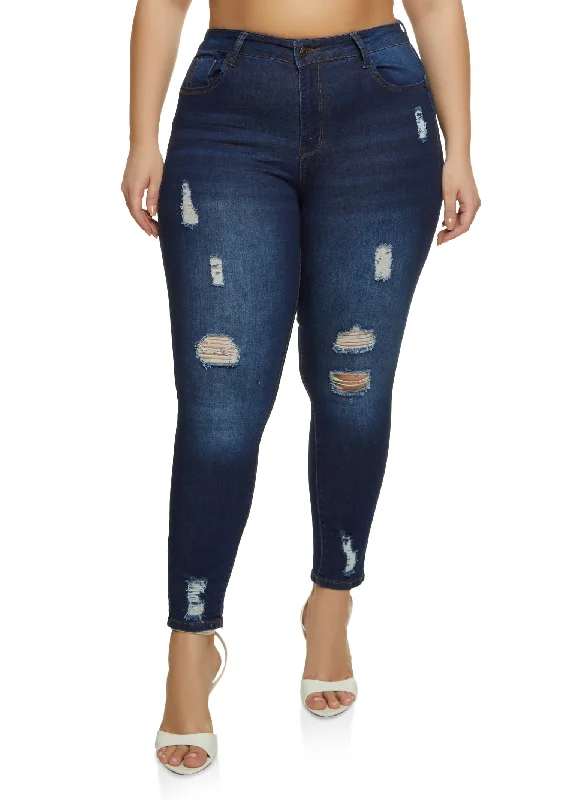 Leather Patch Embellished Men's JeansPlus Size WAX Distressed Push Up Skinny Jeans