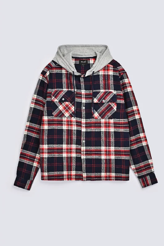 Versatile Men's Short-Sleeve ShirtsBAGGY FIT HOODED FLANNEL CHECK SHIRT