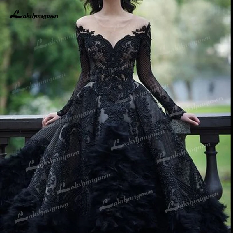 Roycebridal Gothic Black A-Line Wedding Dresses Illusion Sexy O-Neck Long Sleeve Court Train Bride Gowns Appliques Feathers Beading Tulle Roycebridal Gothic Black A-Line Wedding Dresses Illusion Sexy O-Neck Long Sleeve Court Train Bride Gowns Appliques Feathers Beading Tulle