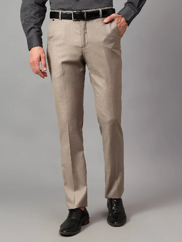 Men's Pants with Reflective Stripes for SafetyMen's Beige Solid Non-Pleated Formal Trouser
