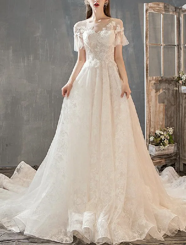 Women Lace Wedding Dresses A-Line Long Appliques Bridal Gowns YWD050