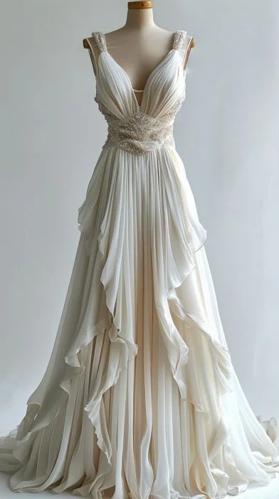 Ivory Beaded A-line Evening Gown Maxi Long Evening Party Prom Dresses Wedding Dresses With Ruffles C3778 Ivory Beaded A-line Evening Gown Maxi Long Evening Party Prom Dresses Wedding Dresses With Ruffles C3778