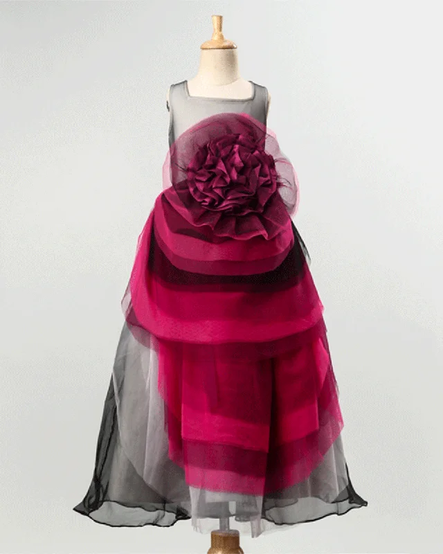 Pre-Order: Girls Sleeveless and Layered Party gown in Shaded Net with a Flower -Purple