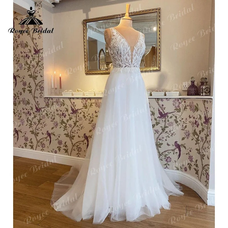 Boho Tank Wedding Dress with Deep V Neck Lace Bodice Tulle A Line Beach vestidos de novia Roycebridal Boho Tank Wedding Dress with Deep V Neck Lace Bodice Tulle A Line Beach vestidos de novia Roycebridal