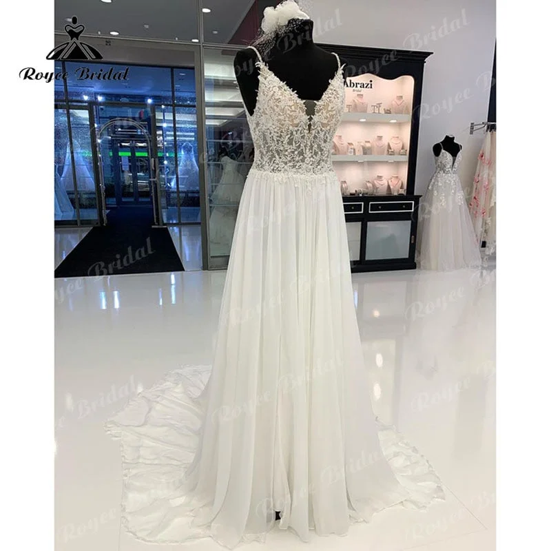 Roycebridal Beach V Neck Lace Bodice Chiffon Wedding Dress Spaghetti Straps Sweep Train 2025 A Line Boho robe de rรฉception de mariage Roycebridal Beach V Neck Lace Bodice Chiffon Wedding Dress Spaghetti Straps Sweep Train 2025 A Line Boho robe de rรฉception de mariage
