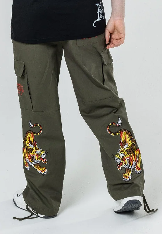 Men's Drawstring Pants for AdjustabilityMens Double Tiger Cargo Pants Trousers - Olive