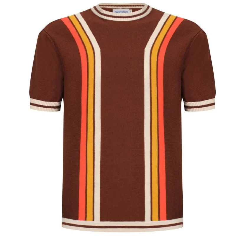 Men's Shirts with Embellished CollarsMen's Brown Knitted T-Shirt With Orange & Yellow & Ecru Waffle Stripe