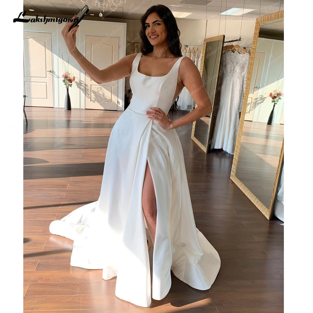 Roycebridal Ivory Satin Scoop Neck Sleeveless Floor-Length A-line Wedding Dress 2025 Split Garden Bridal GownRobe De Mariage Roycebridal Ivory Satin Scoop Neck Sleeveless Floor-Length A-line Wedding Dress 2025 Split Garden Bridal GownRobe De Mariage