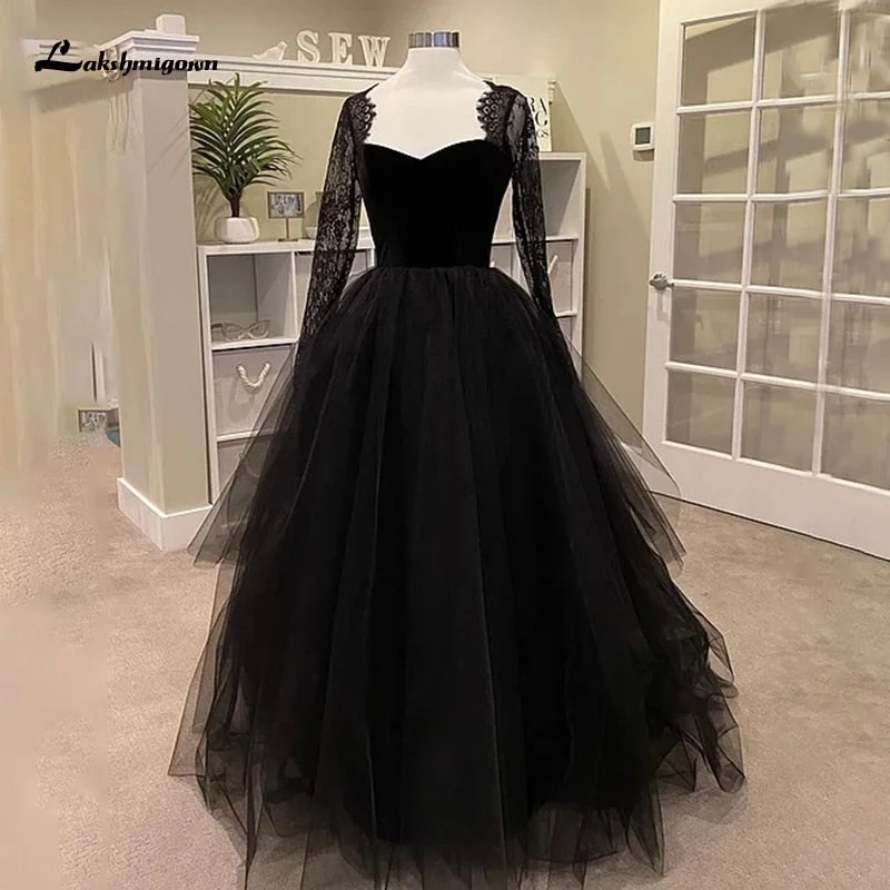 Roycebridal Lakshmigown Sexy Lace Black Wedding Dresses with Long Sleeve vestido de novia Boho Gothic Tulle Wedding Gown Outdoor Country Roycebridal Lakshmigown Sexy Lace Black Wedding Dresses with Long Sleeve vestido de novia Boho Gothic Tulle Wedding Gown Outdoor Country