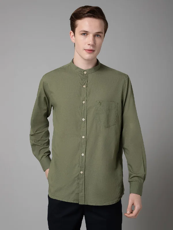 Men's Organic Cotton Shirts for Eco-ConsciousnessMen's Olive Green Casual Plain Full Sleeve Shirt