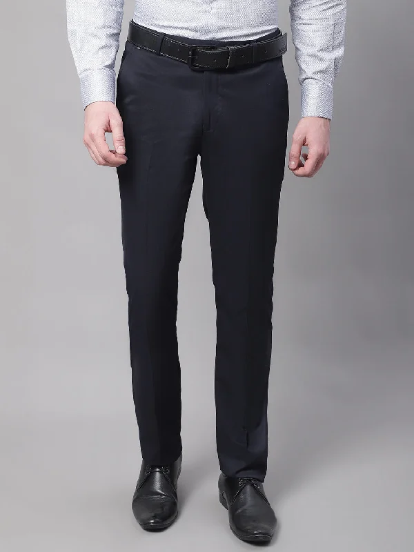 Men's Patterned Pants with ChecksMen's Regular fit Flat front Navy Blue  Trousers