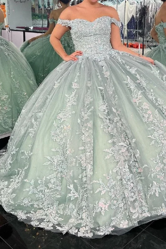 Dusty Sage Off The Shoulder Appliques Quinceanera Dress