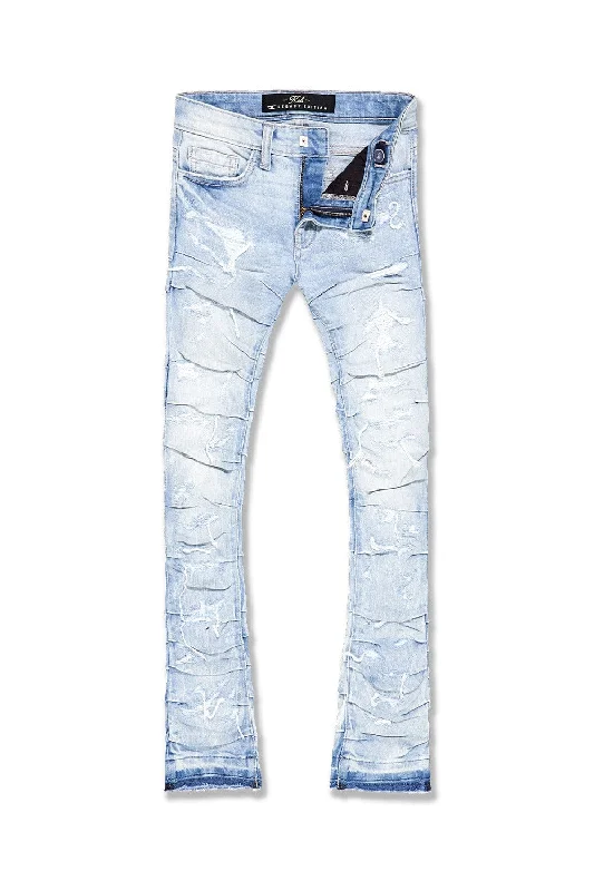 Fashionable Men's JeansKids Stacked Ripple Effect Denim (Ice Blue)