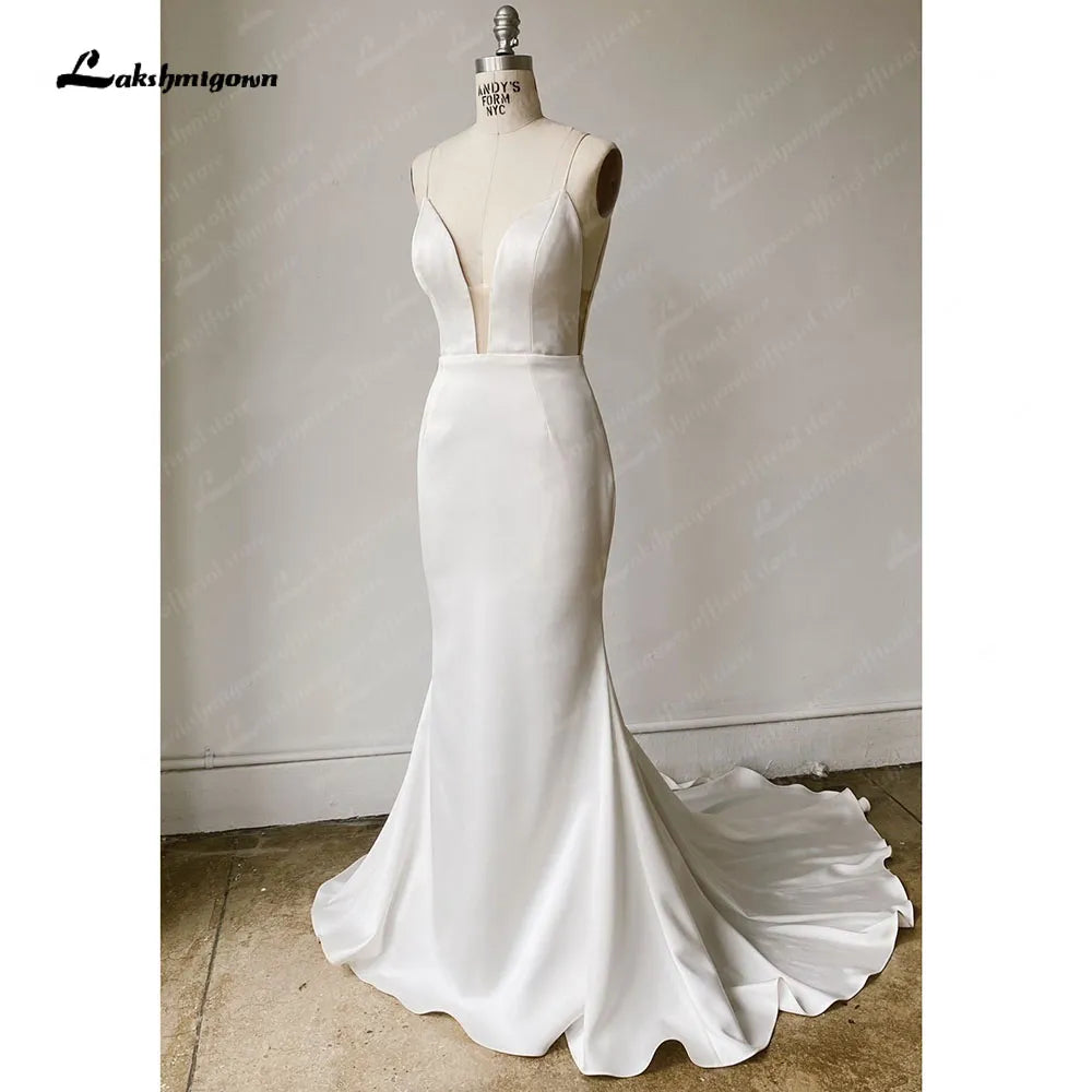 Roycebridal Simple Satin Wedding Dress Spaghetti Straps Long Train Backless Buttons Draped Trailing V Neck Bridal Gowns Roycebridal Simple Satin Wedding Dress Spaghetti Straps Long Train Backless Buttons Draped Trailing V Neck Bridal Gowns