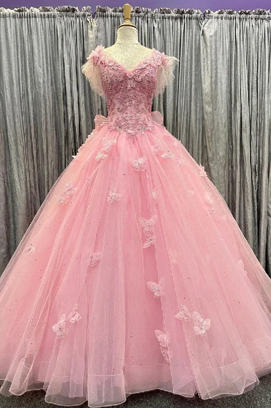 Flutter Sleeves Pink Tulle Ball Gown with Butterfly Appliques