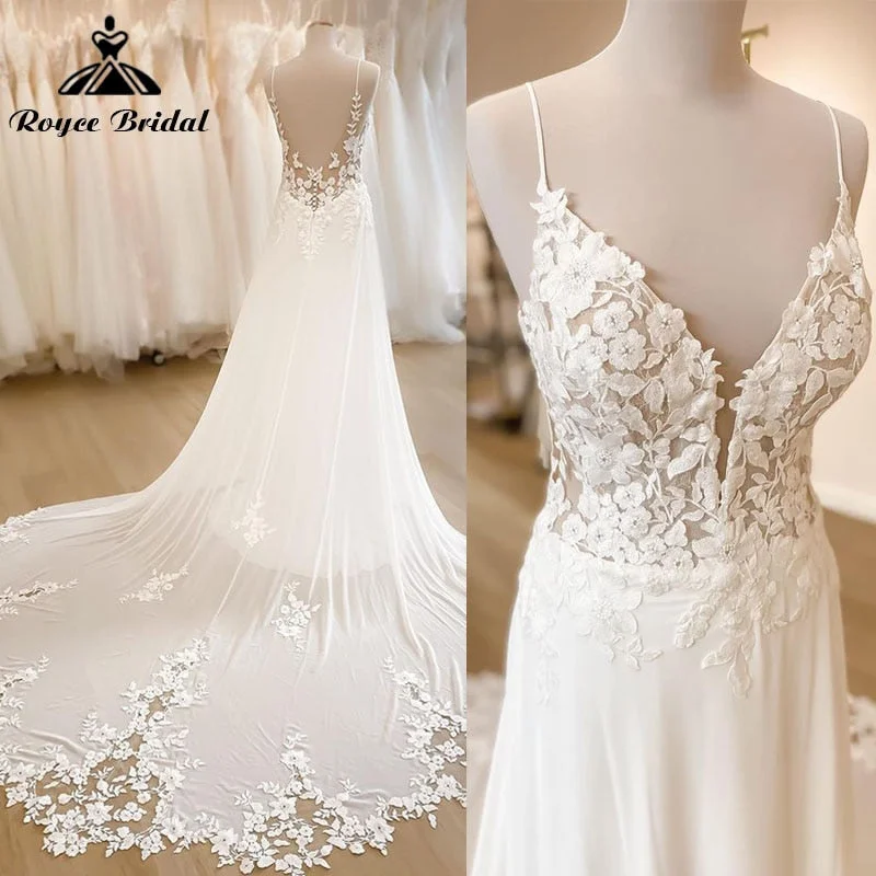Spaghetti Straps Boho Wedding Dress Deep V Neck Chiffon Backless A Line Beach Bridal Gown Spaghetti Straps Boho Wedding Dress Deep V Neck Chiffon Backless A Line Beach Bridal Gown