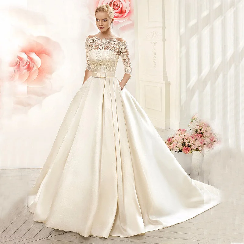 Roycebridal Lace Wedding Dresses Satin With Jacket See Though Half Sleeves Bridal Wedding Dress Robe De Mariage vestido de casamento Roycebridal Lace Wedding Dresses Satin With Jacket See Though Half Sleeves Bridal Wedding Dress Robe De Mariage vestido de casamento